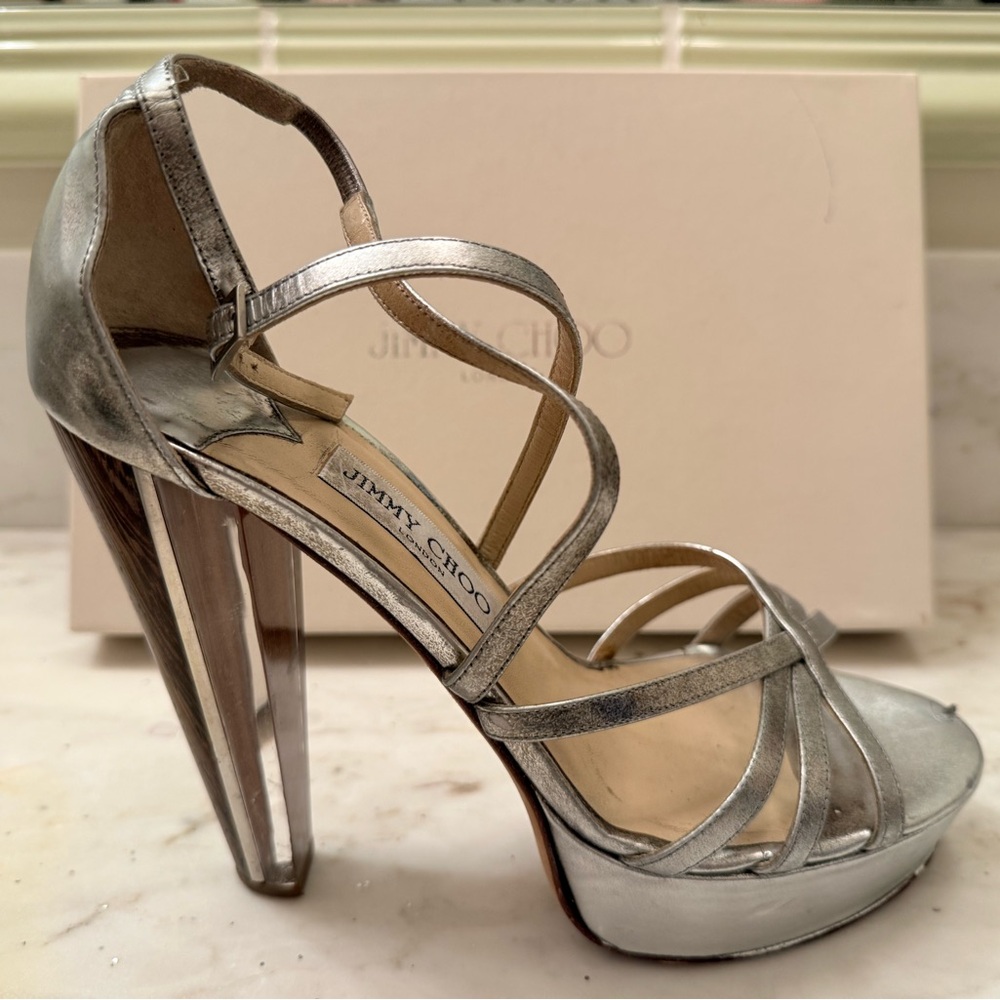 Jimmy Choo platform metallic lucite sandals, silver, Sz 39. Gorgeous! Rare find